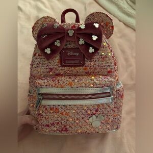 Loungefly Pink Boucle Fabric Minnie Mouse Ears Backpack